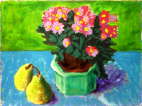 pears and daisies in a green pot